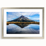Textured art print of Taranaki, New Zealand in abstract style with muted earth tones on a framed silver mat.