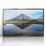 Framed acrylic print of Taranaki, New Zealand with muted earth tones, ideal for bedroom or dining room art.