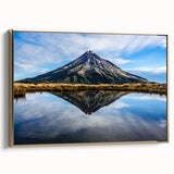 Framed canvas of Taranaki, New Zealand landscape in muted earth tones, ideal for bedroom wall art.