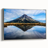 Landscape art painting of Mount Taranaki in New Zealand with vibrant green and blue tones on a framed canvas.