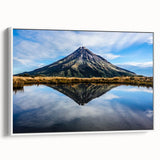 Vintage poster art of Taranaki, New Zealand, in vibrant colors on a large framed canvas, ideal for living room decor.