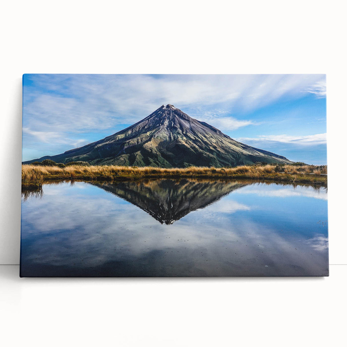 Black and white photograph of Mount Taranaki in New Zealand on stretched canvas, ideal for kitchen wall art.