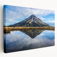 Side view of a stretched canvas featuring a scenic depiction of Mount Taranaki in New Zealand, with soft pastel colors.