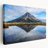 Side view of a stretched canvas featuring a scenic depiction of Mount Taranaki in New Zealand, with soft pastel colors.