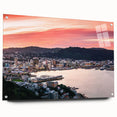 Acrylic print of a large abstract depiction of Wellington, New Zealand, in muted blue and green tones.