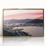 Framed acrylic print of Wellington, New Zealand in mid-century modernist style with muted earth tones.