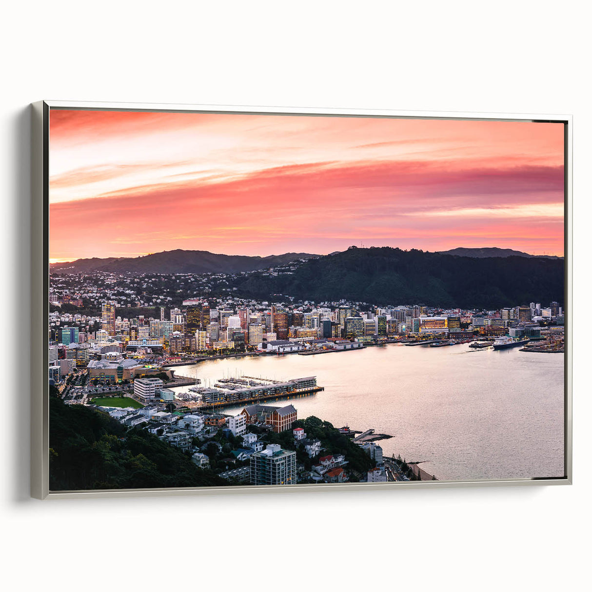 Framed canvas landscape art painting depicting Wellington, New Zealand with colorful and vintage poster art elements.