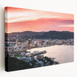 Large art of Wellington, New Zealand skyline in muted earth tones on stretched canvas, ideal for kitchen wall art.
