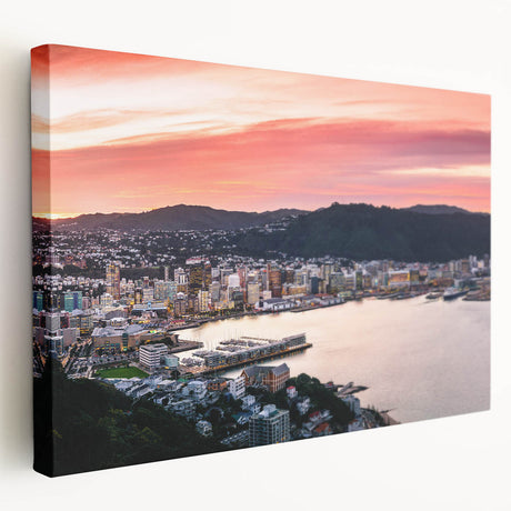 Large art of Wellington, New Zealand skyline in muted earth tones on stretched canvas, ideal for kitchen wall art.