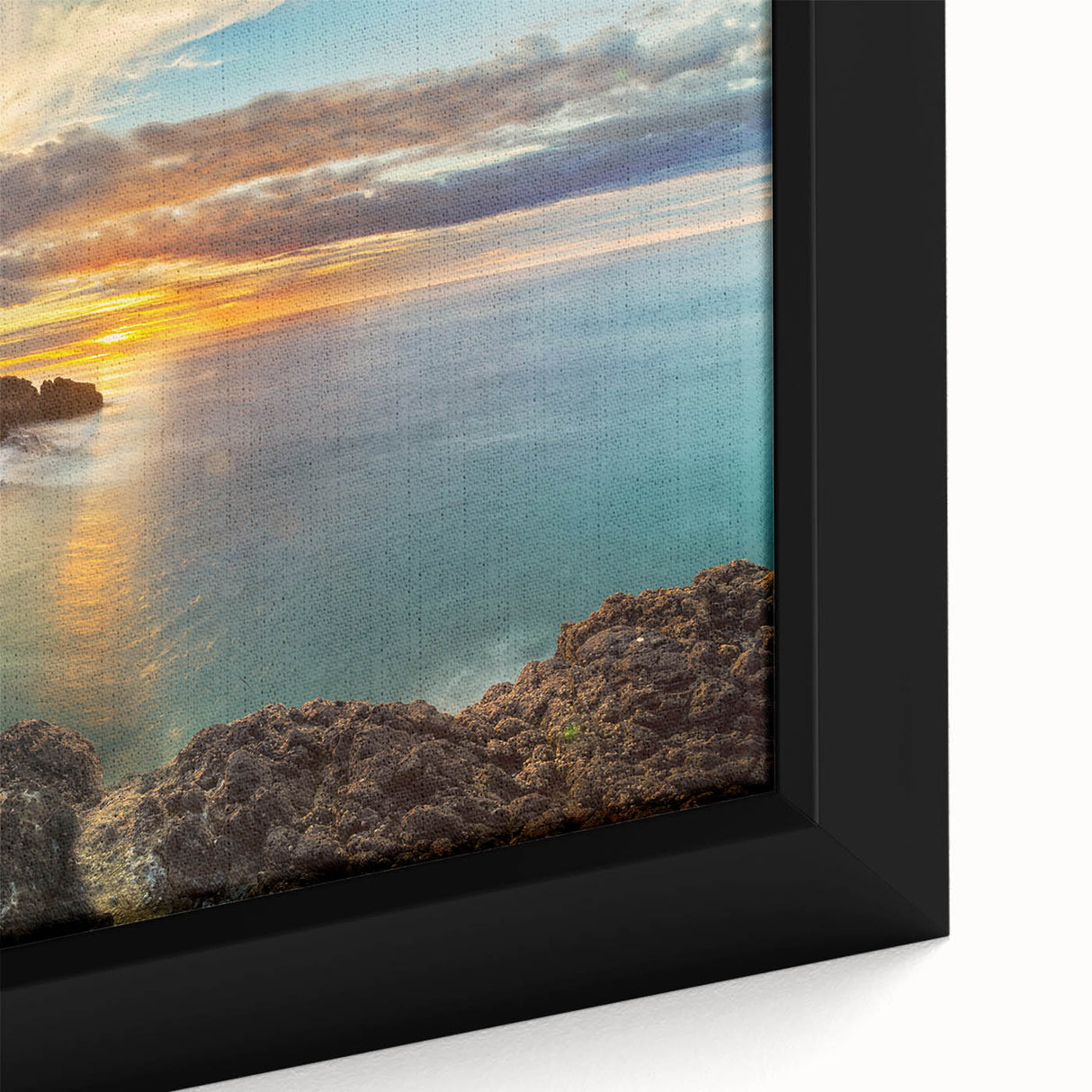 Extra large framed canvas of a textured black wall art depicting New Zealand's West Coast, with colorful accents.