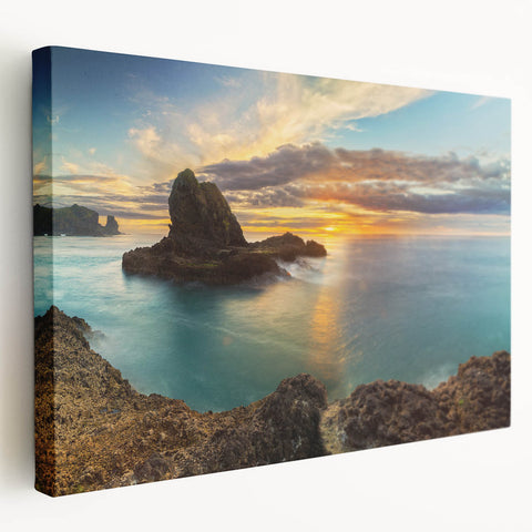 Side view of a stretched canvas featuring a serene New Zealand West Coast landscape, ideal for kitchen wall art.