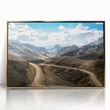 Acrylic print of a South American landscape in muted earth tones, framed in gold, suitable for modern art wall decor.