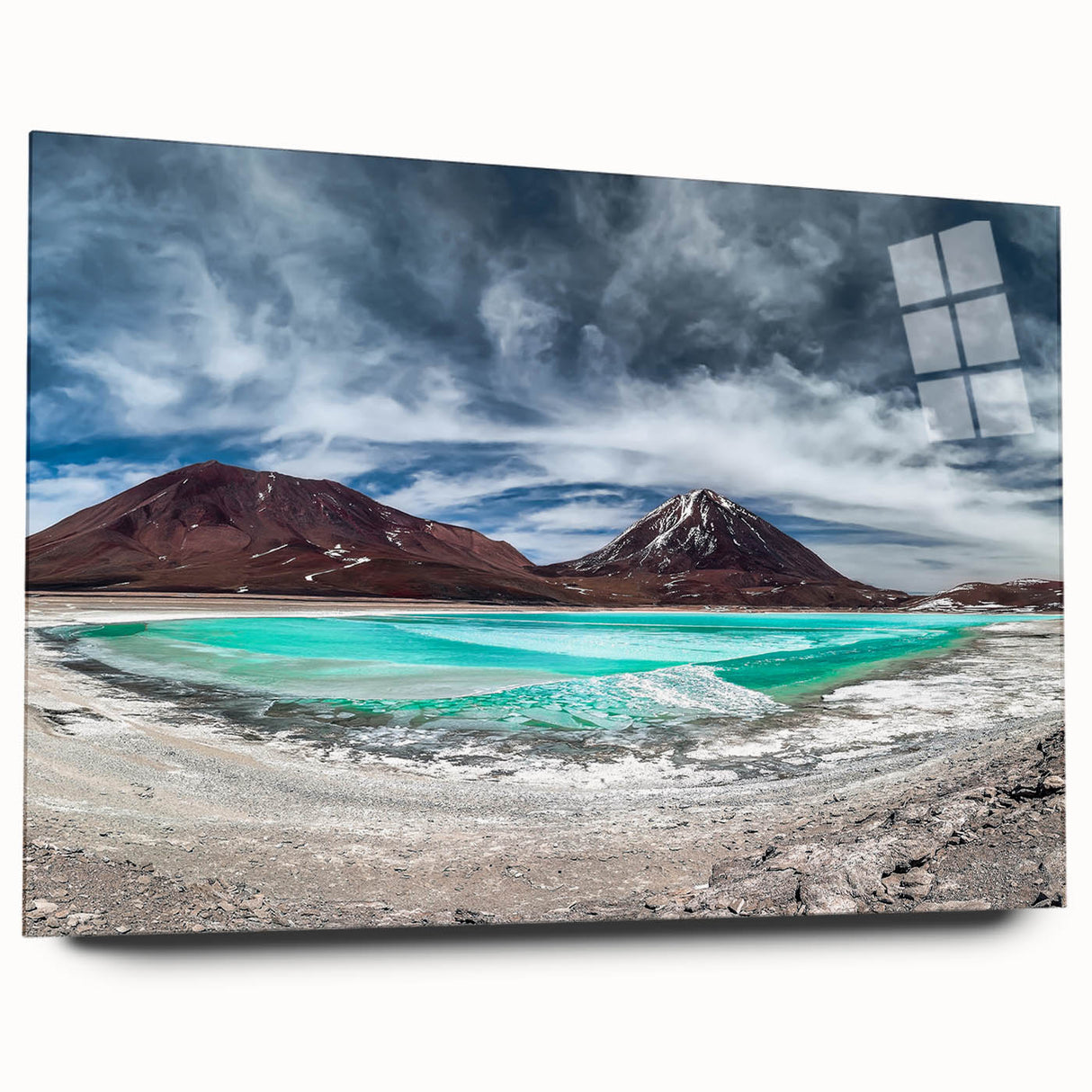 Large abstract wall art of Bolivian scenery in muted earth tones on acrylic glass, ideal for bedroom or dining room decor.