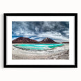 Abstract art print of a vibrant Bolivian landscape on textured canvas, framed in black, ideal for living room decor.