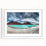Abstract art print of a Bolivian landscape in muted earth tones, framed in white, suitable for bedroom or dining room decor.