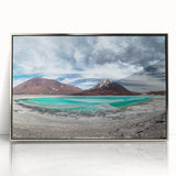 Mid-century modernist art of a Bolivian landscape in muted earth tones, silver-framed acrylic, suitable for nursery wall art.