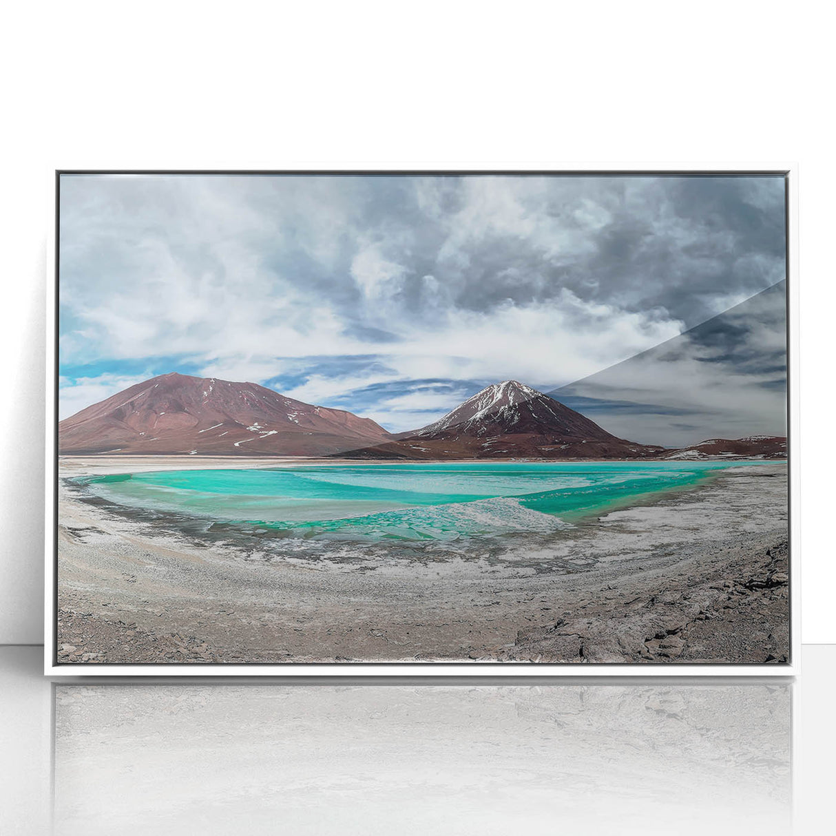 Art deco poster of a Bolivian landscape on white framed acrylic, featuring muted earth tones, ideal for nursery wall art.