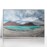 Art deco poster of a Bolivian landscape on white framed acrylic, featuring muted earth tones, ideal for nursery wall art.