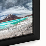 Extra large framed canvas featuring a textured depiction of a Bolivian landscape in black with colorful accents.