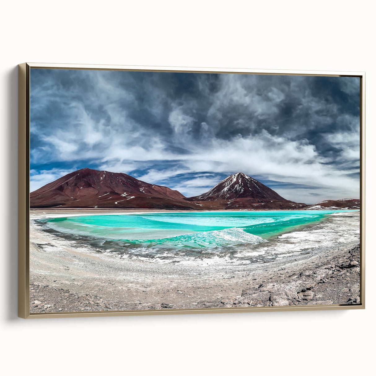 Framed canvas of a vintage-style Bolivian landscape painting in black and gold tones, ideal for bedroom wall art.