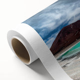 Art deco poster of a Bolivian landscape in soft earth tones on rolled canvas.