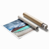 Extra large rolled print of a Bolivian landscape with vibrant floral elements, ideal for classy bathroom wall art.