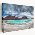 Side view of a stretched canvas featuring a Bolivian landscape in earth tones, ideal for kitchen wall art.