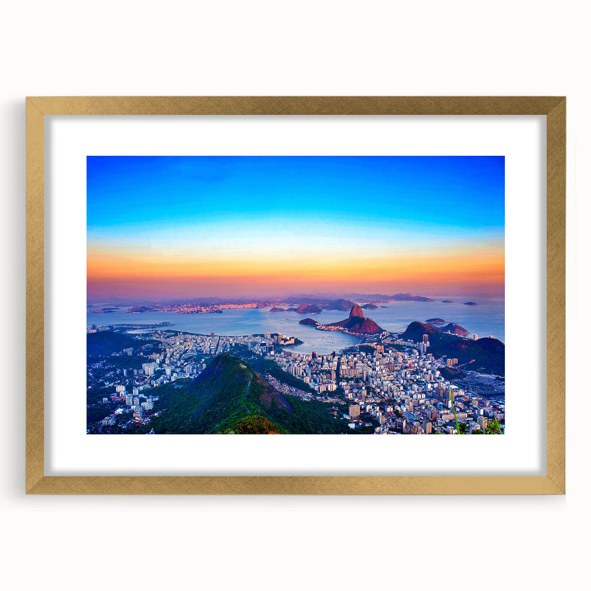 Extra large abstract art print of a textured Brazilian scenery in gold frame, ideal for living room decor.