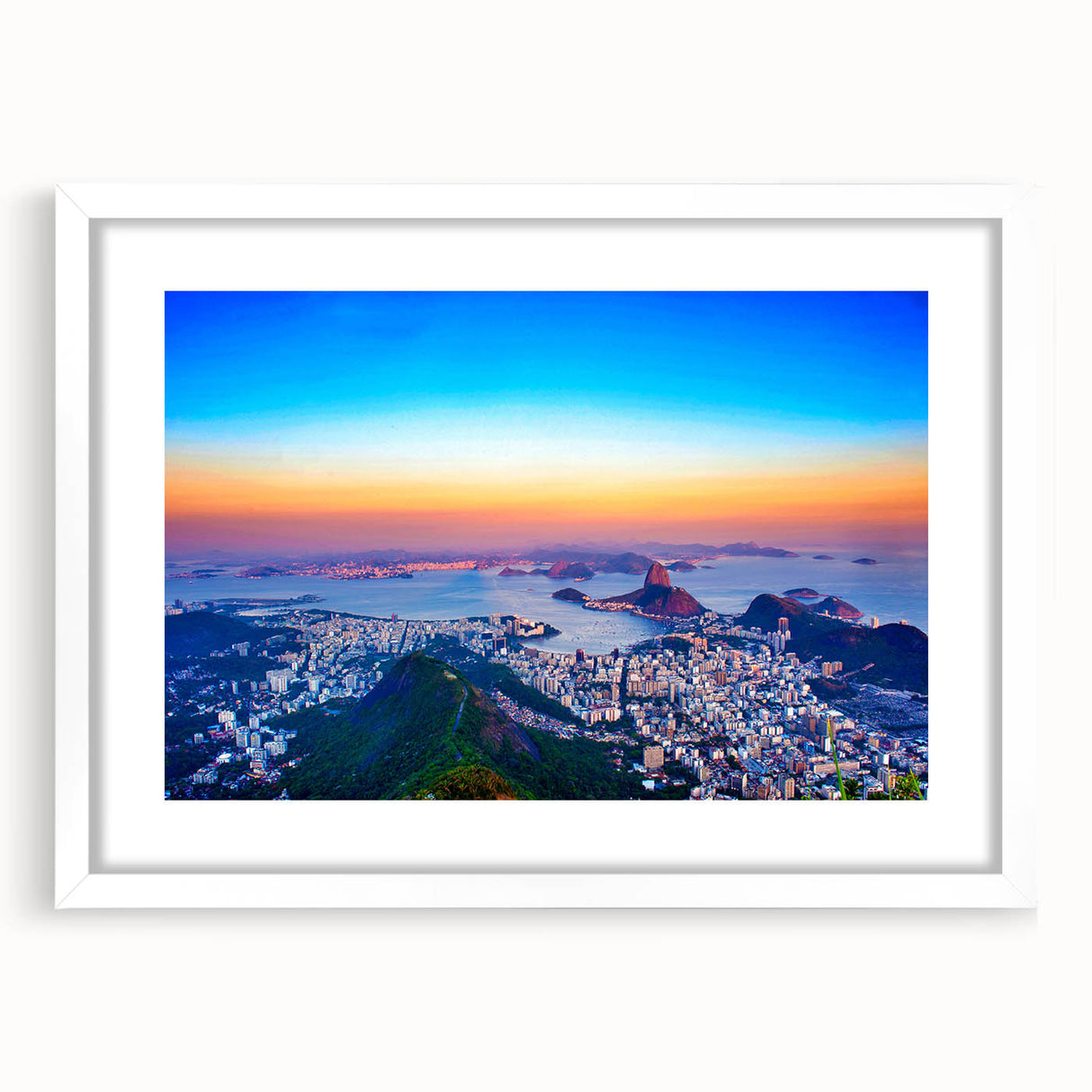 Abstract art print depicting a vibrant, colorful Brazilian landscape on a white-framed canvas.