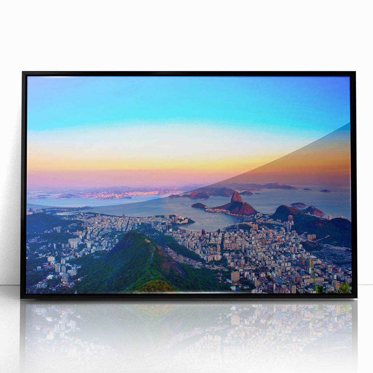 Large abstract wall art depicting a stylized Brazilian landscape in vibrant hues, framed in black acrylic.