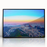 Large abstract wall art depicting a stylized Brazilian landscape in vibrant hues, framed in black acrylic.