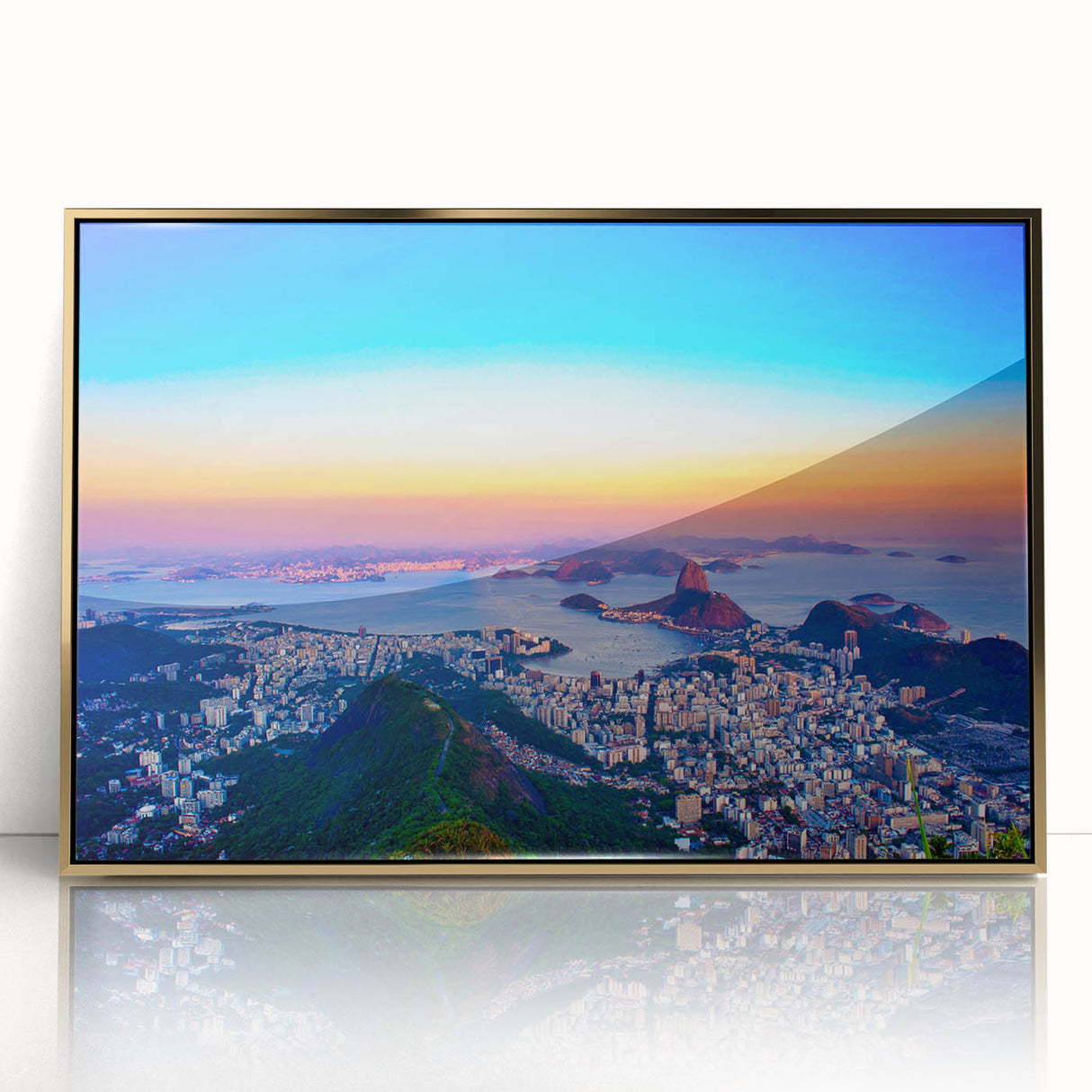 Acrylic print of a Brazilian landscape in mid-century modernist style with gold frame, suitable for modern art wall decor.