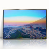 Mid-century modernist art depicting a stylized Brazilian landscape in acrylic, framed in silver, ideal for nursery wall art.