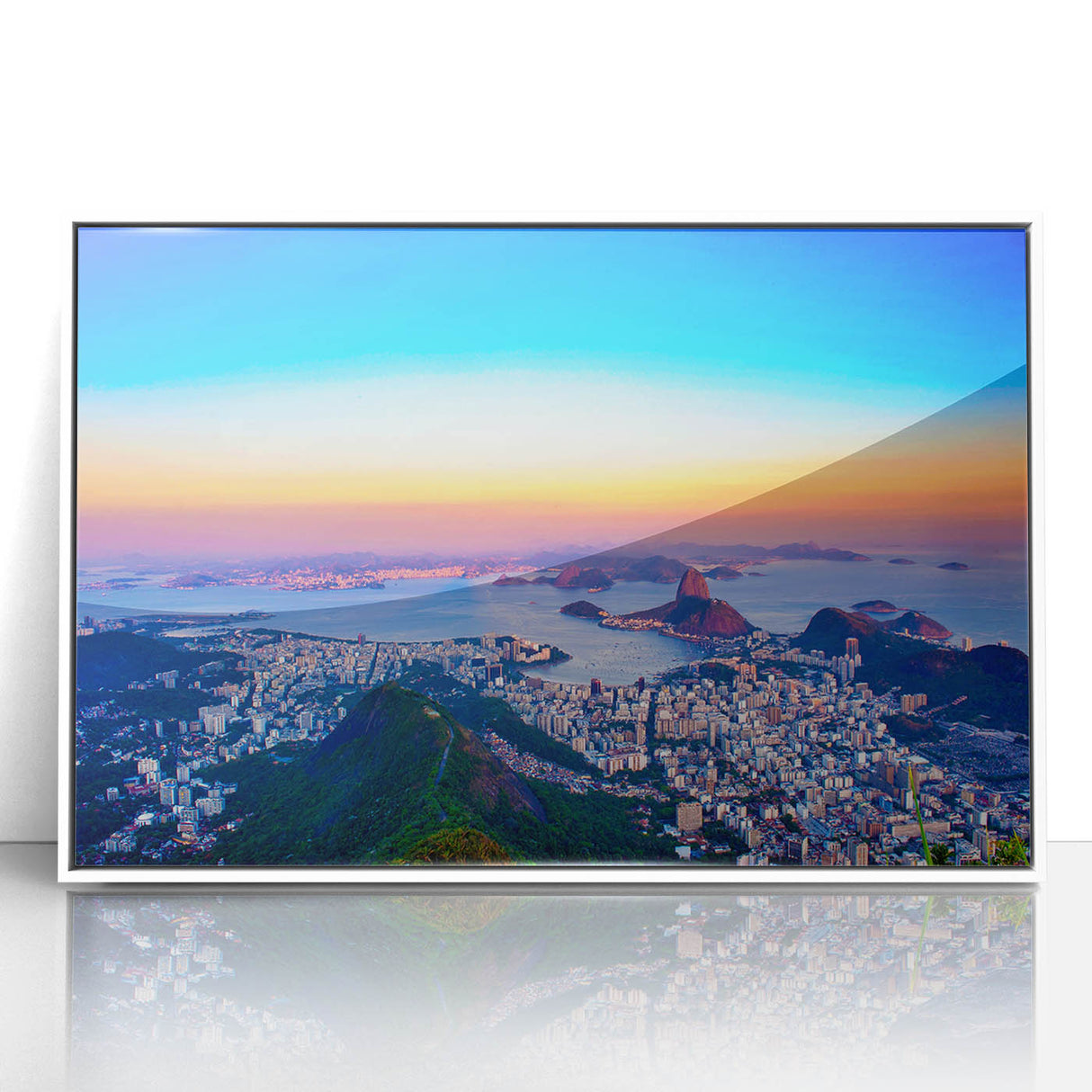 Art deco poster of a Brazilian landscape in muted green and blue tones, framed acrylic.