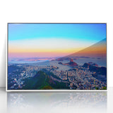 Art deco poster of a Brazilian landscape in muted green and blue tones, framed acrylic.