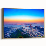 Framed canvas featuring a vintage-style landscape painting of a Brazilian scenery in black and gold tones.