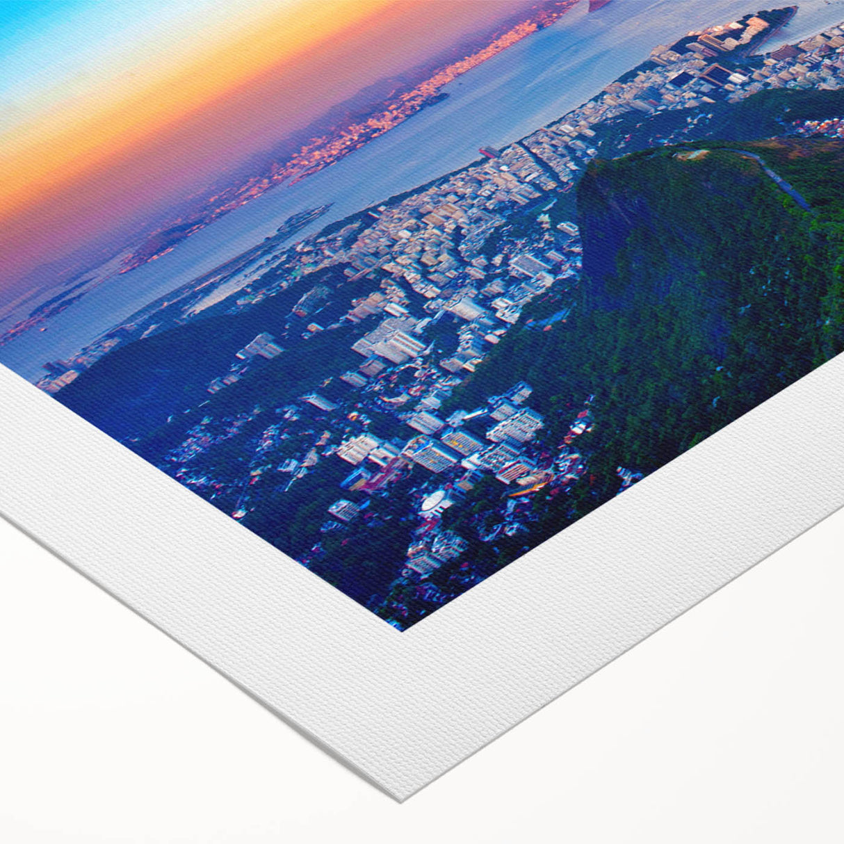 Art deco poster of a Brazilian landscape in vibrant greens and blues on rolled canvas, suitable for dining room decor.