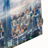 Acrylic glass print of Santiago's skyline in muted earth tones, ideal for dining room art in a mid-century modernist style.