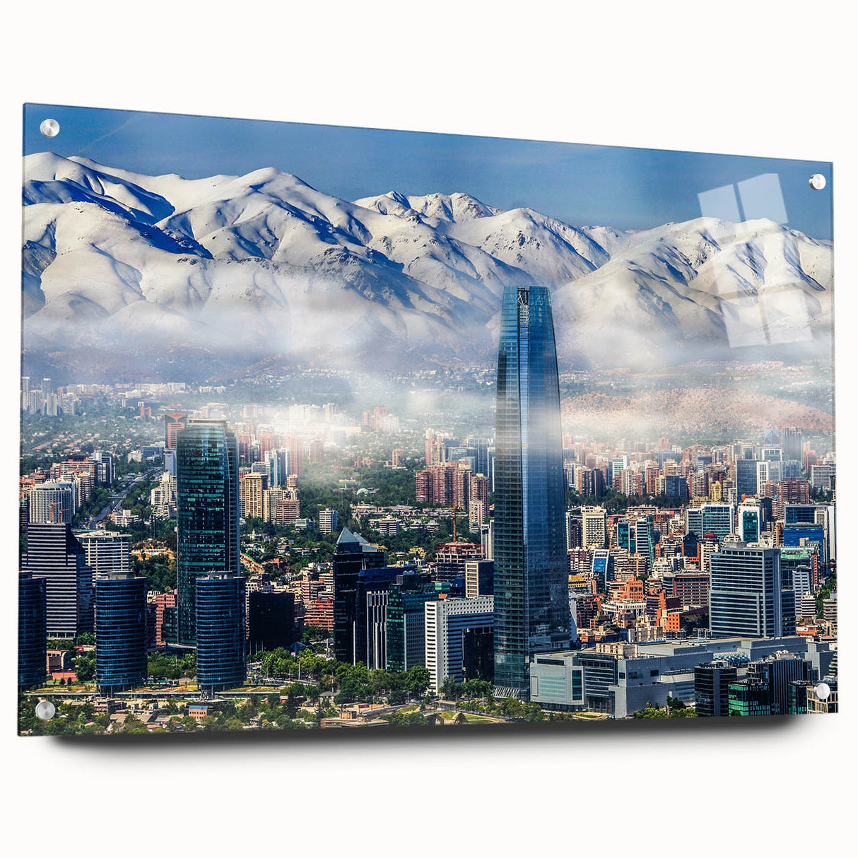 Acrylic glass print of Santiago, Chile skyline in muted earth tones, ideal for dining room art.