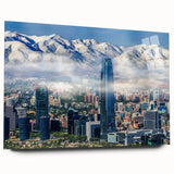 Acrylic print of large abstract wall art featuring the Santiago skyline in muted earth tones.