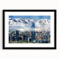 Extra large framed wall art of abstract Santiago skyline in vibrant, textured colors, ideal for living room decor.