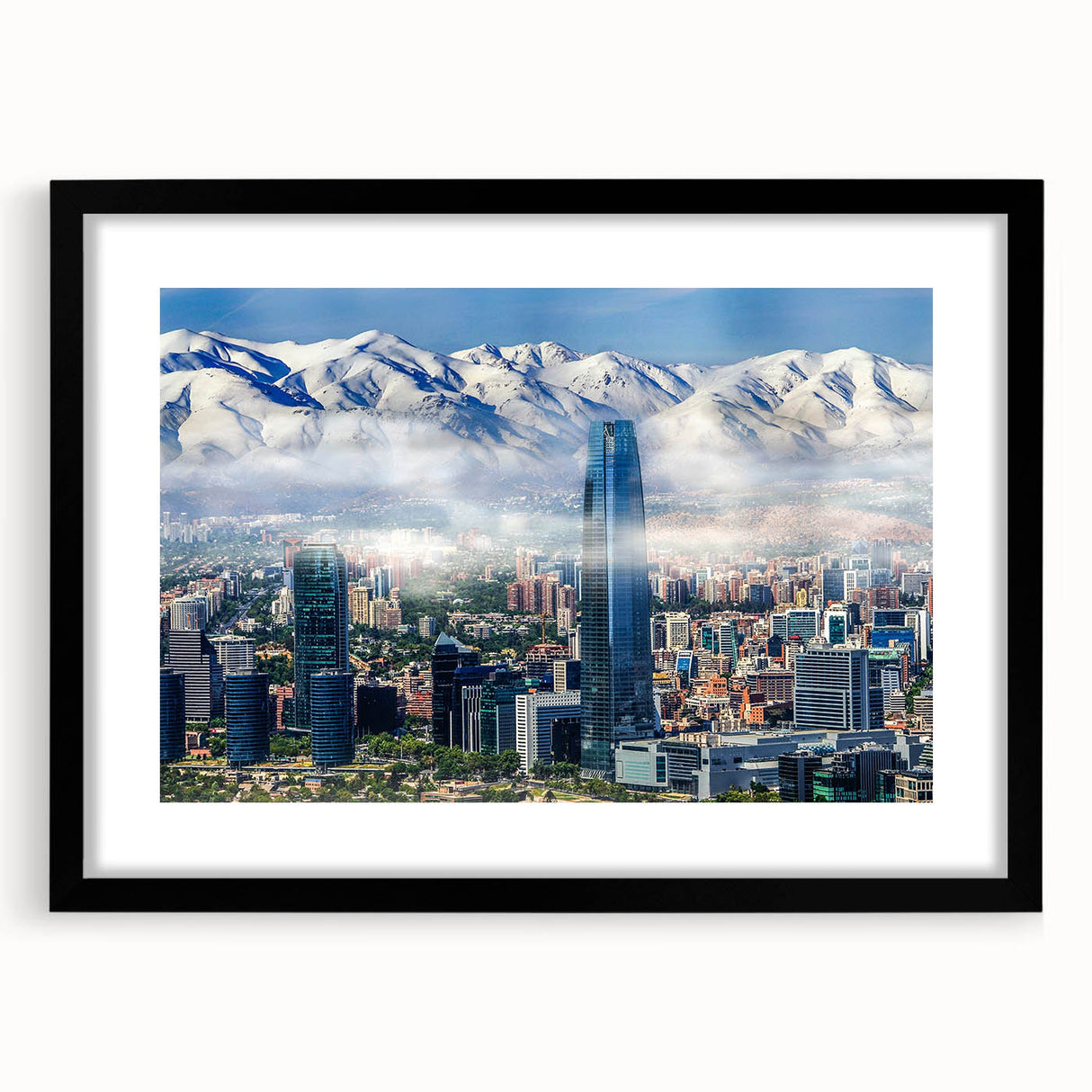 Extra large framed wall art of abstract Santiago skyline in vibrant, textured colors, ideal for living room decor.