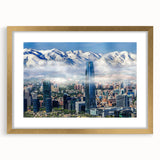 Extra large abstract art print of Santiago, Chile skyline in textured style, with gold frame and mat.