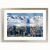 Textured art print featuring an abstract view of Santiago, Chile in muted earth tones on a framed silver canvas.