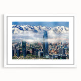 Abstract art print of Santiago skyline in muted earth tones on a white framed canvas, suitable for dining room decor.