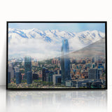 Large abstract wall art depicting Santiago, Chile in vibrant orange and blue tones on a black framed acrylic.