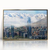 Large art print of Santiago, Chile skyline in muted earth tones on a gold-framed acrylic, ideal for modern art wall decor.