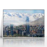 Art deco poster of Santiago skyline in muted gray and blue tones on framed acrylic, suitable for modern art wall decor.