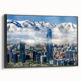 Black and white framed canvas depicting the Santiago skyline, ideal for bedroom wall art in a vintage poster style.
