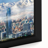 Extra large framed canvas featuring a textured depiction of Santiago, Chile in black with colorful accents.